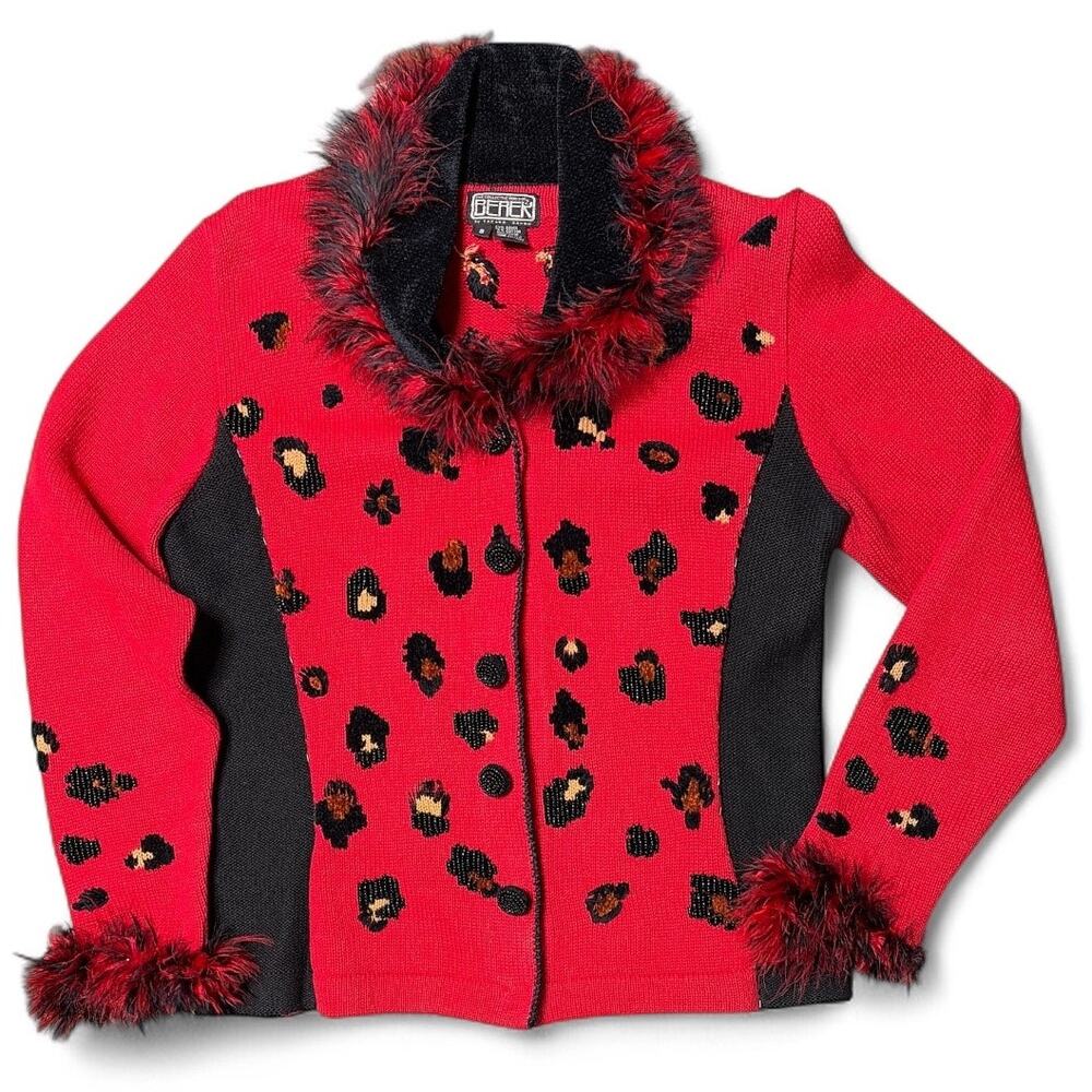 Berek Vintage Animal Print Red Cardigan Furry Accents size S